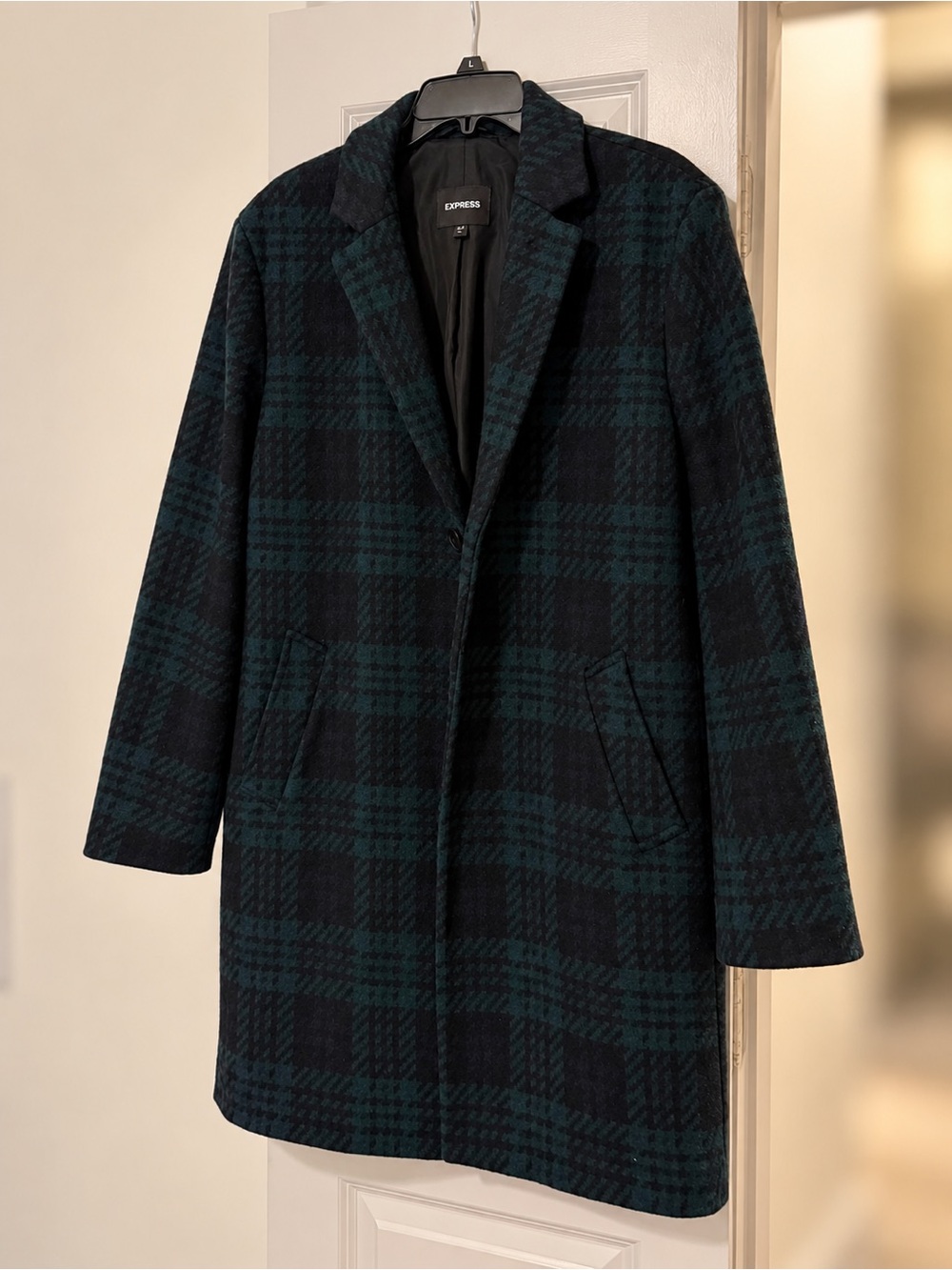 Express Men Black & Dark Green Plaid Coat